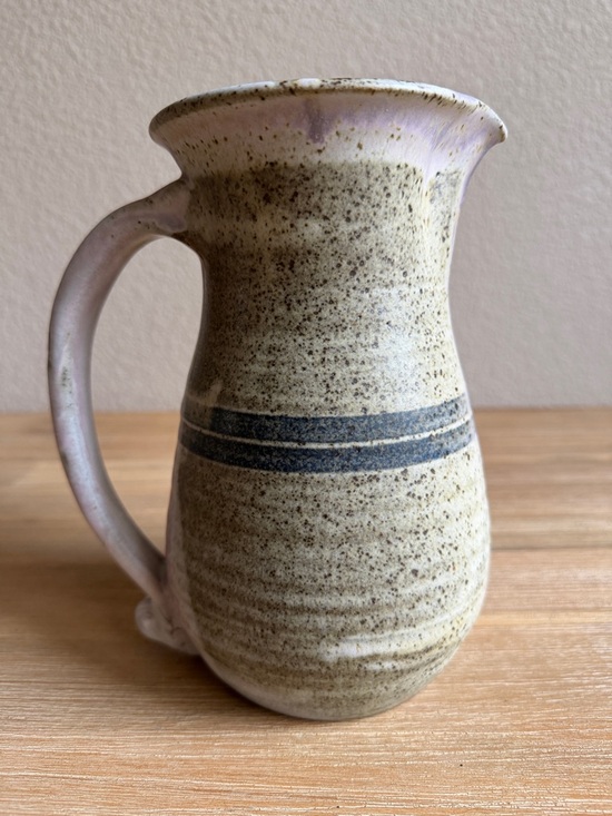 None Other - Handcrafted Speckled Ceramic Pitcher in Beige with Blue Stripe